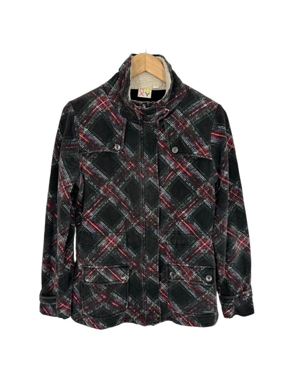 Vintage 2000s Y2k Roxy Zip Up Sweatshirt Jacket Womens L Black Plaid Cozy GUC